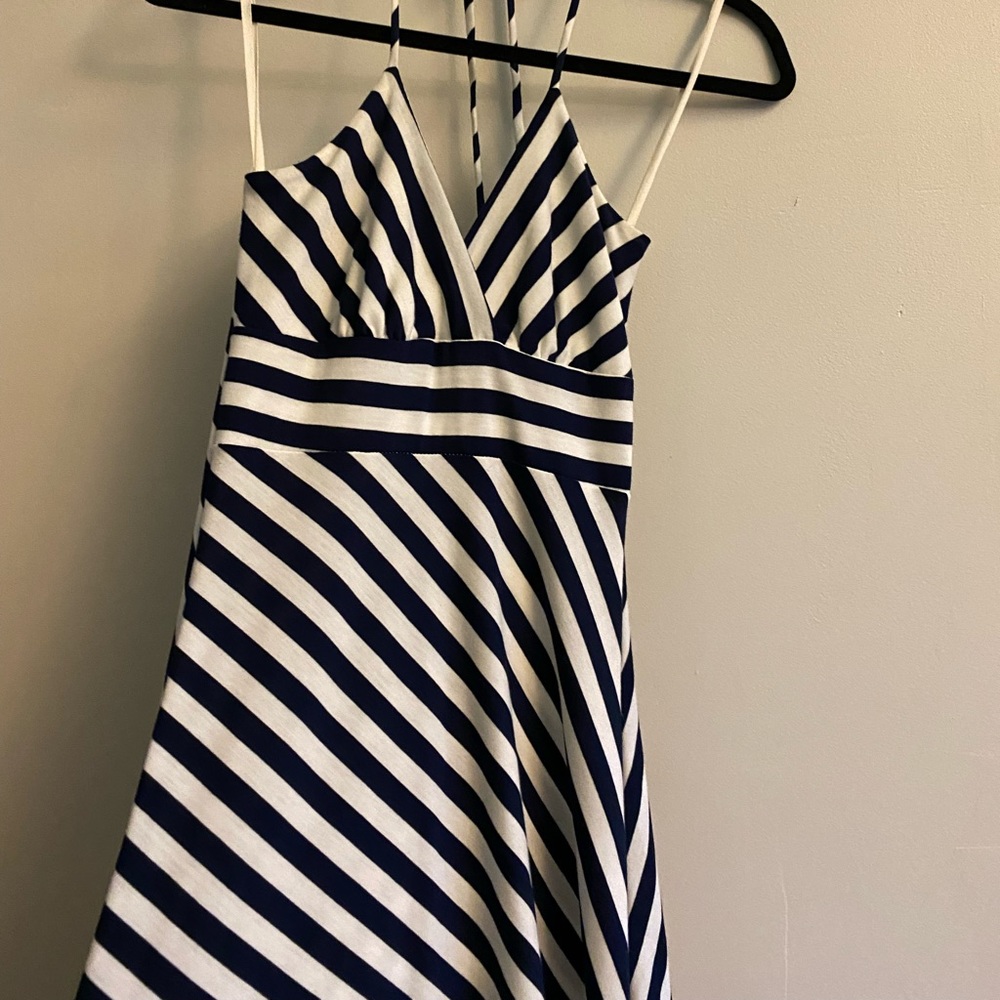 Navy Blue and White Striped Halter Dress